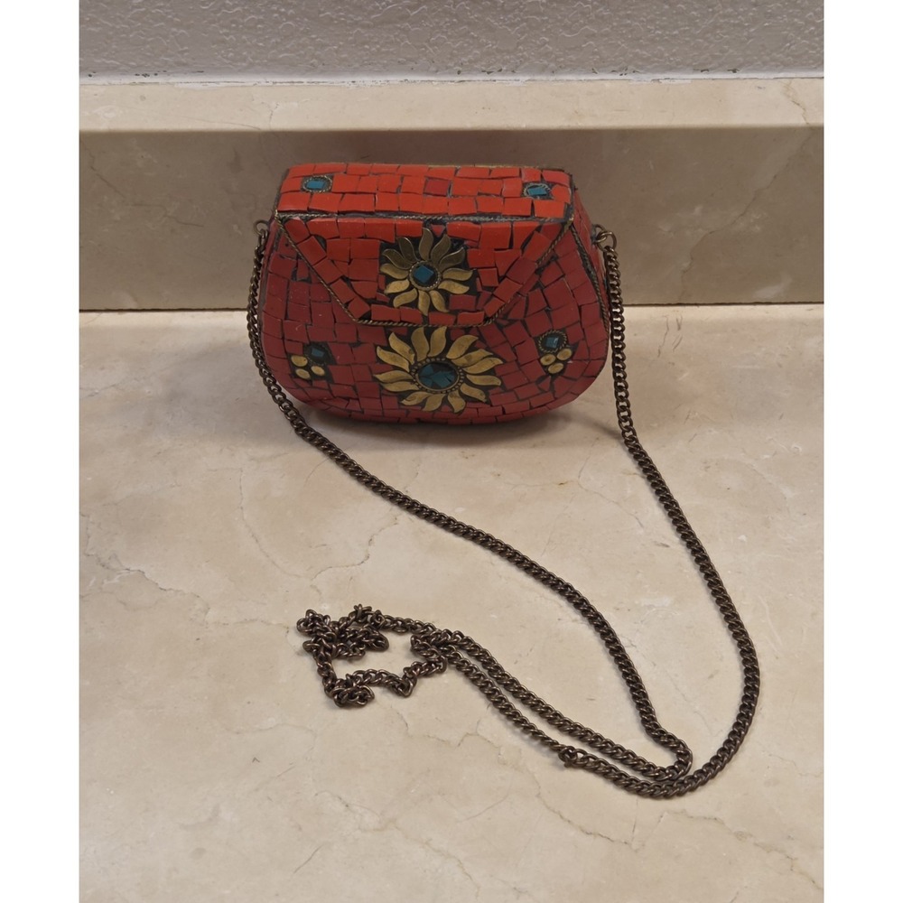 Vintage Handcrafted‎ Moroccan Mosaic Stone Brass Clutch 42"